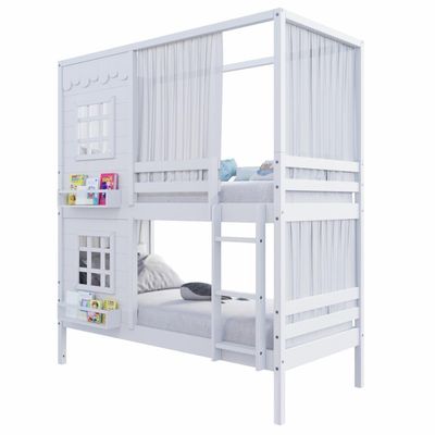 Beliche Casinha Reta Com 02 Janelas E Cortina Madeira Maciça Branco Housin