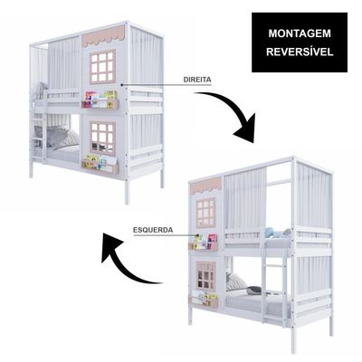 Beliche Casinha Reta Com 02 Janelas E Cortina Madeira Maciça Branco/ Rosa Housin