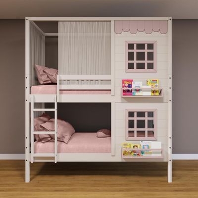 Beliche Casinha Reta Com 02 Janelas E Cortina Madeira Maciça Branco/ Rosa Housin