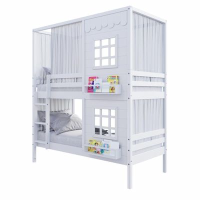 Beliche Casinha Reta Com 02 Janelas E Cortina Madeira Maciça Branco Housin