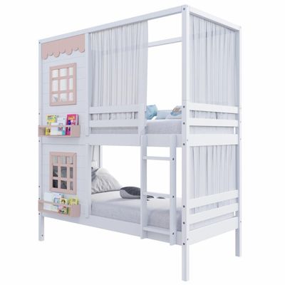 Beliche Casinha Reta Com 02 Janelas E Cortina Madeira Maciça Branco/ Rosa Housin
