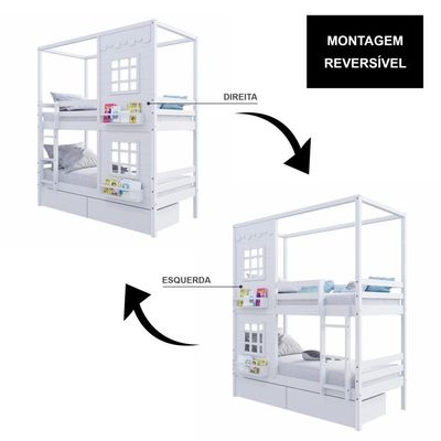 Beliche Casinha Reta Com 02 Janelas E 02 Gavetas Madeira Maciça Branco Housin