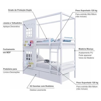 Beliche Casinha Reta Com 02 Janelas E 02 Gavetas Madeira Maciça Branco Housin