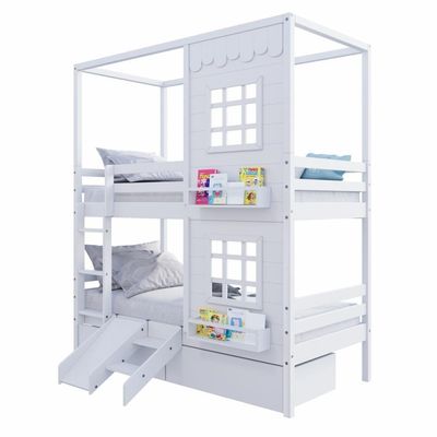 Beliche Casinha Reta Com 02 Janelas 02 Gavetas E Escorregador Madeira Maciça Branco Housin