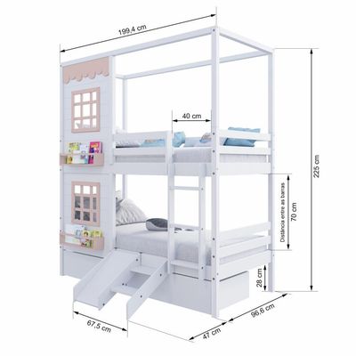 Beliche Casinha Reta Com 02 Janelas 02 Gavetas E Escorregador Madeira Maciça Branco/ Rosa Housin