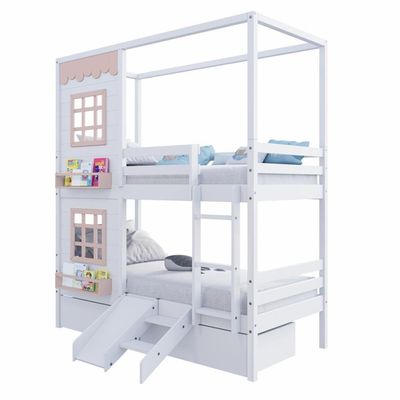Beliche Casinha Reta Com 02 Janelas 02 Gavetas E Escorregador Madeira Maciça Branco/ Rosa Housin