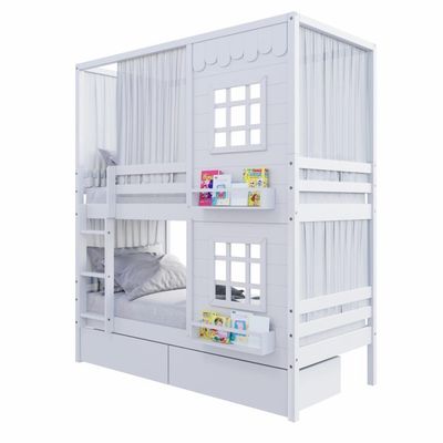 Beliche Casinha Reta Com 02 Janelas 02 Gavetas E Cortina Madeira Maciça Branco Housin