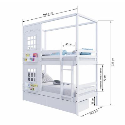 Beliche Casinha Reta Com 02 Janelas E 02 Gavetas Madeira Maciça Branco Housin