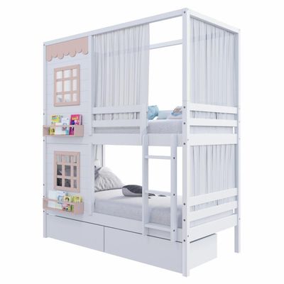 Beliche Casinha Reta Com 02 Janelas 02 Gavetas E Cortina Madeira Maciça Branco/ Rosa Housin
