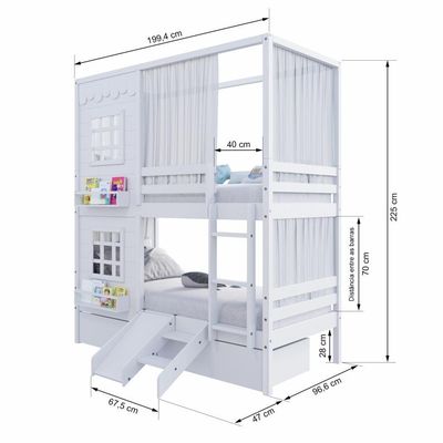 Beliche Casinha Reta Com 02 Janelas 02 Gavetas Cortina E Escorregador Madeira Maciça Branco Housin