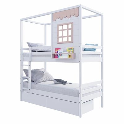 Beliche Casinha Reta Com 02 Gavetas Madeira Maciça Branco/ Rosa Housin
