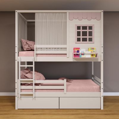 Beliche Casinha Reta Com 02 Gavetas Grade Removível E Cortina Madeira Maciça Branco/ Rosa Housin