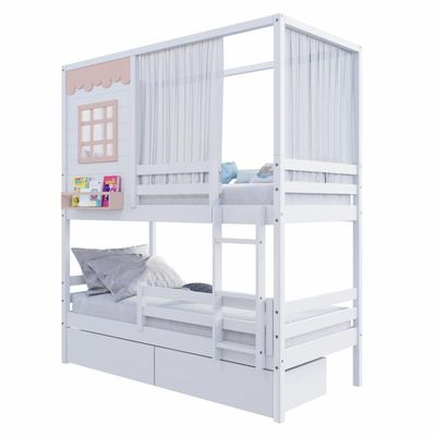Beliche Casinha Reta Com 02 Gavetas Grade Removível E Cortina Madeira Maciça Branco/ Rosa Housin