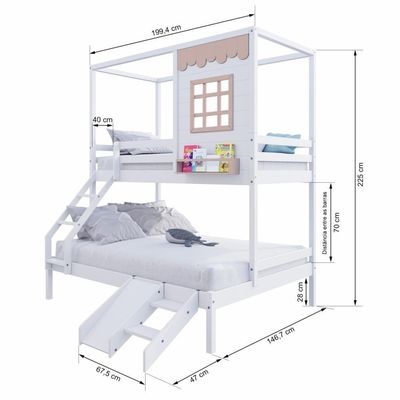 Beliche Casinha Reta Casal/ Solteiro Com Escorregador Madeira Maciça Branco/ Rosa Housin