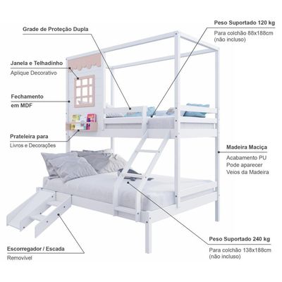 Beliche Casinha Reta Casal/ Solteiro Com Escorregador Madeira Maciça Branco/ Rosa Housin