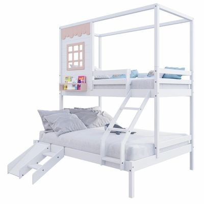 Beliche Casinha Reta Casal/ Solteiro Com Escorregador Madeira Maciça Branco/ Rosa Housin
