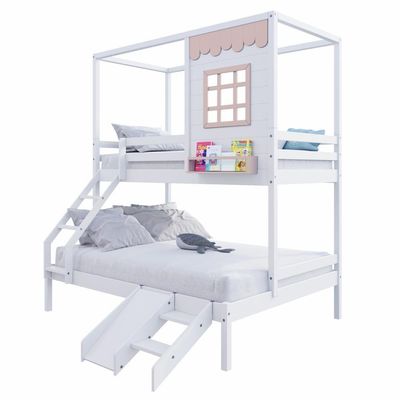 Beliche Casinha Reta Casal/ Solteiro Com Escorregador Madeira Maciça Branco/ Rosa Housin