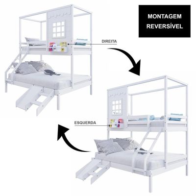 Beliche Casinha Reta Casal/ Solteiro Com Escorregador Madeira Maciça Branco Housin
