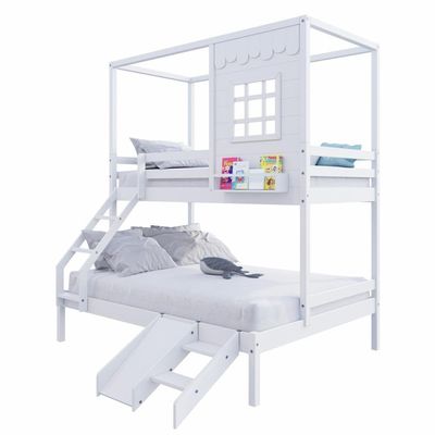 Beliche Casinha Reta Casal/ Solteiro Com Escorregador Madeira Maciça Branco Housin