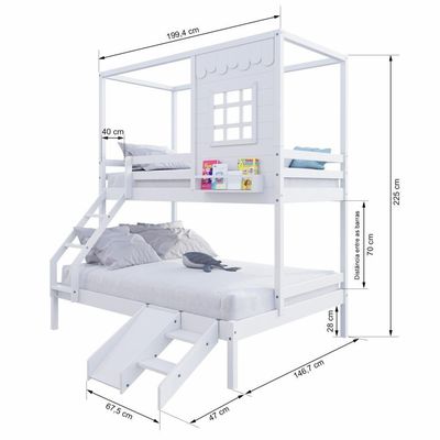Beliche Casinha Reta Casal/ Solteiro Com Escorregador Madeira Maciça Branco Housin