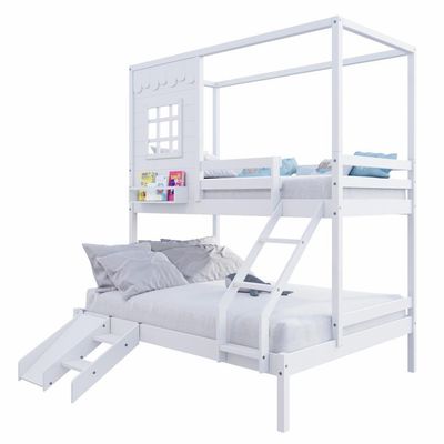 Beliche Casinha Reta Casal/ Solteiro Com Escorregador Madeira Maciça Branco Housin