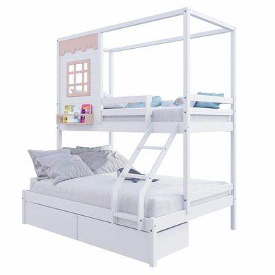 Beliche Casinha Reta Casal/ Solteiro Com 02 Gavetas Madeira Maciça Branco/ Rosa Housin