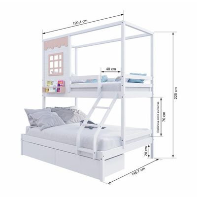 Beliche Casinha Reta Casal/ Solteiro Com 02 Gavetas Madeira Maciça Branco/ Rosa Housin