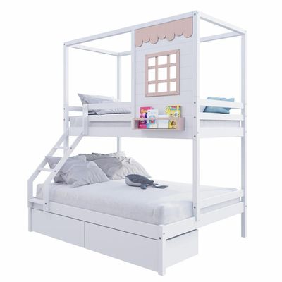 Beliche Casinha Reta Casal/ Solteiro Com 02 Gavetas Madeira Maciça Branco/ Rosa Housin