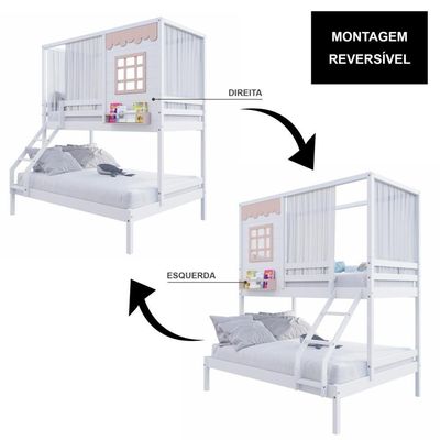 Beliche Casinha Reta Casal- Solteiro Com Cortina Madeira Maciça Branco- Rosa Housin
