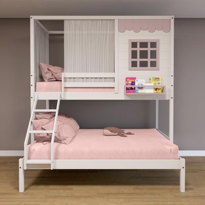 Beliche Casinha Reta Casal- Solteiro Com Cortina Madeira Maciça Branco- Rosa Housin