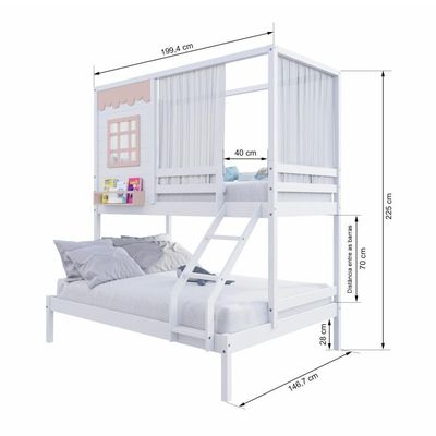 Beliche Casinha Reta Casal- Solteiro Com Cortina Madeira Maciça Branco- Rosa Housin