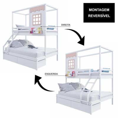 Beliche Casinha Reta Casal/ Solteiro Com 02 Gavetas Madeira Maciça Branco/ Rosa Housin