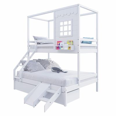 Beliche Casinha Reta Casal/ Solteiro Com 02 Gavetas E Escorregador Madeira Maciça Branco Housin