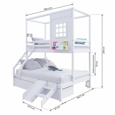 Beliche Casinha Reta Casal/ Solteiro Com 02 Gavetas E Escorregador Madeira Maciça Branco Housin