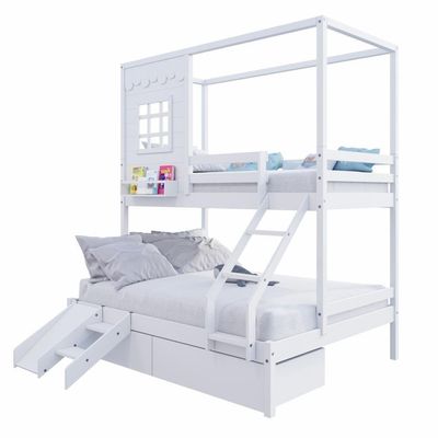 Beliche Casinha Reta Casal/ Solteiro Com 02 Gavetas E Escorregador Madeira Maciça Branco Housin