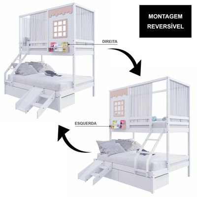 Beliche Casinha Reta Casal- Solteiro Com 02 Gavetas Escorregador E Cortina Madeira Branco- Rosa