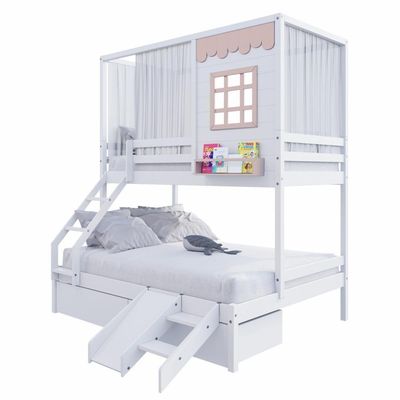 Beliche Casinha Reta Casal- Solteiro Com 02 Gavetas Escorregador E Cortina Madeira Branco- Rosa