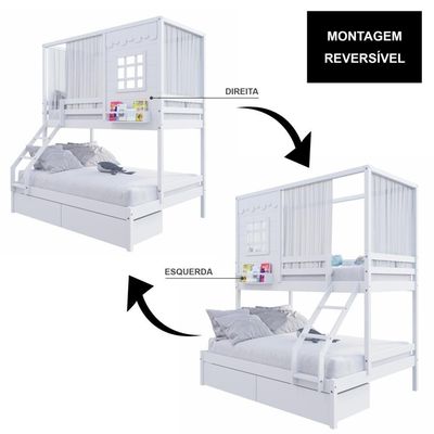 Beliche Casinha Reta Casal- Solteiro Com 02 Gavetas E Cortina Madeira Maciça Branco Housin