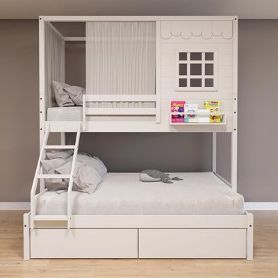Beliche Casinha Reta Casal- Solteiro Com 02 Gavetas E Cortina Madeira Maciça Branco Housin