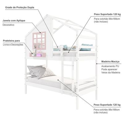 Beliche Casinha Com Janela Madeira Maciça Branco- Rosa Housin