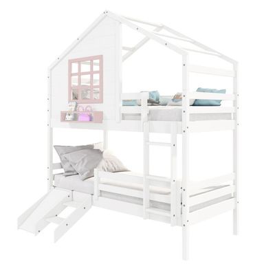 Beliche Casinha Com Janela Com Escada- Escorregador E Grade De Proteção Madeira Branco- Rosa