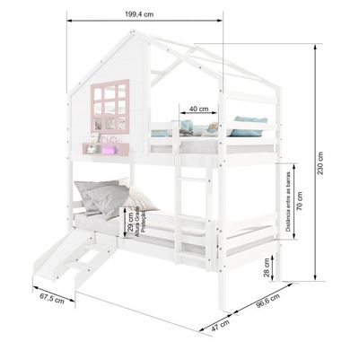 Beliche Casinha Com Janela Com Escada- Escorregador E Grade De Proteção Madeira Branco- Rosa