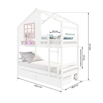 Beliche Casinha Com Janela E 02 Gavetas Madeira Maciça Branco- Rosa Housin