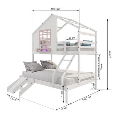 Beliche Casinha Com Janela Casal/solteiro Com Escada/escorregador Madeira Maciça Branco/ Rosa Housin