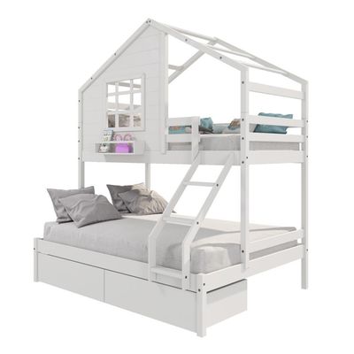Beliche Casinha Com Janela Casal/solteiro Com 02 Gavetas Madeira Maciça Branco Housin