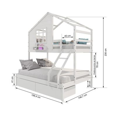 Beliche Casinha Com Janela Casal/solteiro Com 02 Gavetas Madeira Maciça Branco Housin