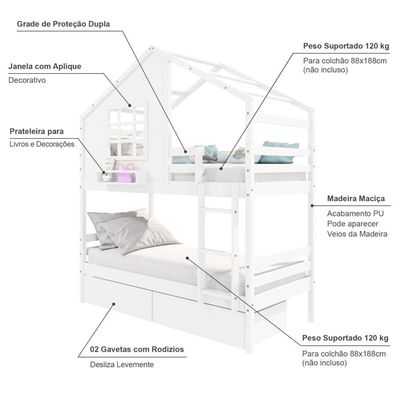 Beliche Casinha Com Janela Com 02 Gavetas Madeira Maciça Branco Housin