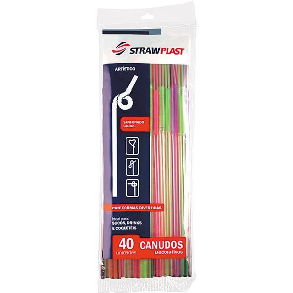 Conjunto 40 Canudos Descartáveis Artístico Sanfonado Color Strawplast