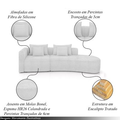 Sofá Curvo Decorativo Kimiko 327Cm 4 Lugares Sala de Estar com Chaise Bouclê Branco G52 - Gran Belo