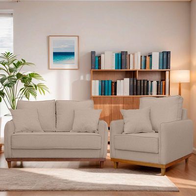 Kit Poltrona E Sofa Sena 2 Lugar Base De Madeira Para Sala Hotel Linho Bege